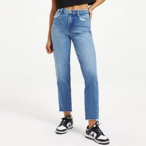 Good American Good Vintage Straight Leg Frayed Hem High Rise Jean Medium Wash 26